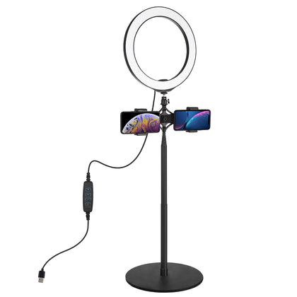 140cm Round Base Desktop Mount + Live Broadcast Dual Phone Bracket + 10.2 inch 26cm LED Ring Vlogging Video Light Kits with Cold