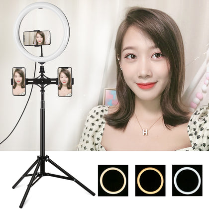 1.65m Tripod Mount + Dual Phone Bracket + 11.8 inch 30cm Curved Surface USB 3 Modes Dimmable Dual Color Temperature LED Ring Vlog