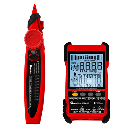 TOOLTOP Large LCD Screen Network Cable Tester + Multimeter 2 in 1 400M/500M Network Cable Length Measure AC DC Current Voltage Measurement Anti-Noise Line Tracker ET616 ET618
