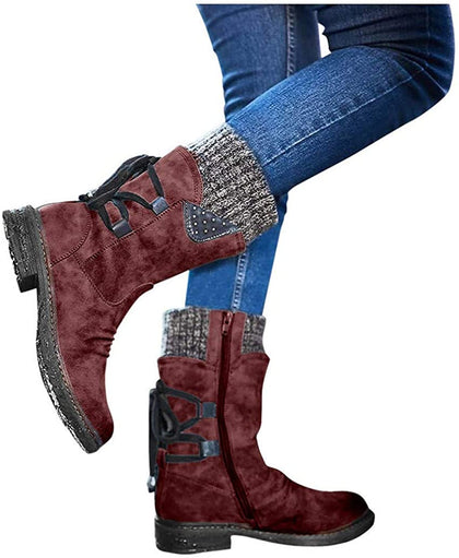 Women Leather Mid Calf Boots, Women's Vintage Retro Lace up Booties Side Zipper Boots Low Shaft with Heel