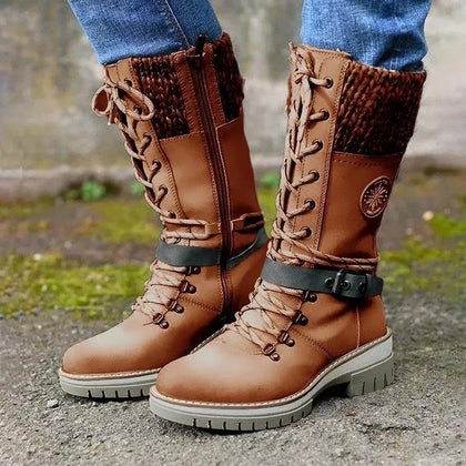 Women Buckle Boots,Lace Knitted Mid-Calf Wool Stitching Leather Winter Shoes,Low Heel Round Toe Boots