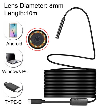 USB-C / Type-C Endoscope Waterproof Snake Tube Inspection Camera with 8 LED & USB Adapter, Length: 10m, Lens Diameter: 8mm