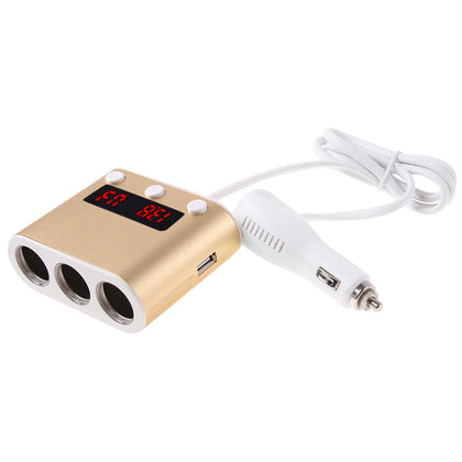 5V / 2.4A & Quick Charge 2.0 USB Port + Triple Cigarette Lighter Socket with Battery Voltage & Temperature Display Car Charger(Gol