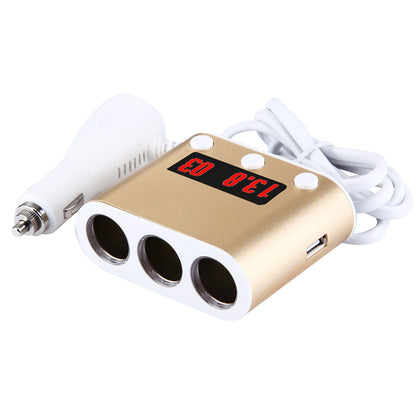 5V / 2.4A & Quick Charge 2.0 USB Port + Triple Cigarette Lighter Socket with Battery Voltage & Temperature Display Car Charger(Gol