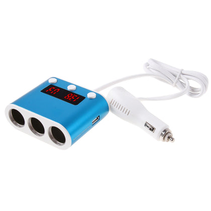 5V / 2.4A & Quick Charge 2.0 USB Port + Triple Cigarette Lighter Socket with Battery Voltage & Temperature Display Car Charger(Blu