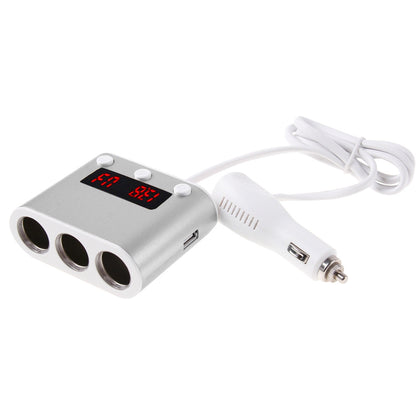 5V / 2.4A & Quick Charge 2.0 USB Port + Triple Cigarette Lighter Socket with Battery Voltage & Temperature Display Car Charger(Sil