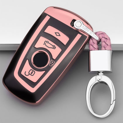TPU One-piece Electroplating Full Coverage Car Key Case with Key Ring for BMW 3 Series / 5 Series (Pink)