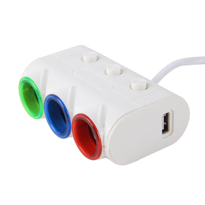 HECHENGLI HC-303 Plastic Shell 120W 3 Sockets Car Cigarette Lighter Car Charger with 3.1A Dual USB Ports Colorful Indicator Light