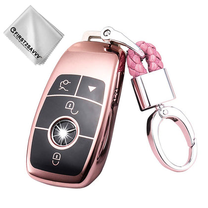 TPU One-piece Electroplating Full Coverage Car Key Case with Key Ring for Mercedes-Benz E(Pink)