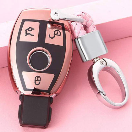 TPU One-piece Electroplating Full Coverage Car Key Case with Key Ring for Mercedes-Benz C(Pink)
