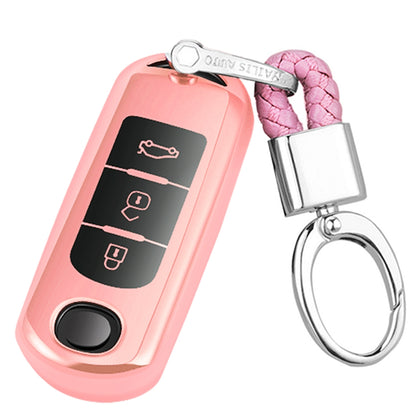 TPU One-piece Electroplating Full Coverage Car Key Case with Key Ring for Mazda 3 AXELA / CX-8 / CX-5 / CX-4 / 6 ATENZA (Pink)