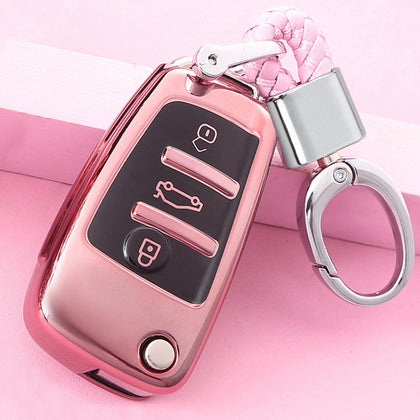 TPU One-piece Electroplating Opening Full Coverage Car Key Case with Key Ring for Audi A3 / Q3 (Pink)
