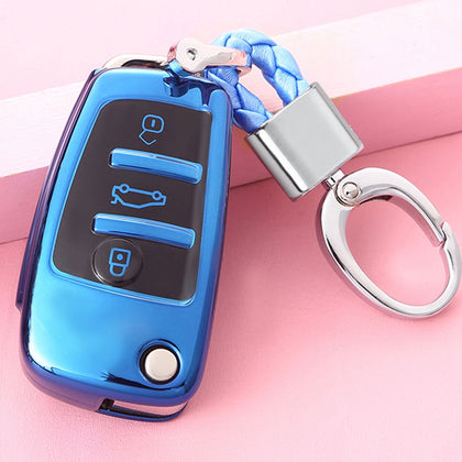 TPU One-piece Electroplating Opening Full Coverage Car Key Case with Key Ring for Audi A3 / Q3 (Blue)