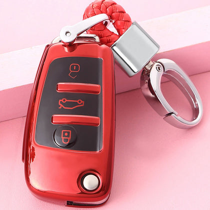 TPU One-piece Electroplating Opening Full Coverage Car Key Case with Key Ring for Audi A3 / Q3 (Red)