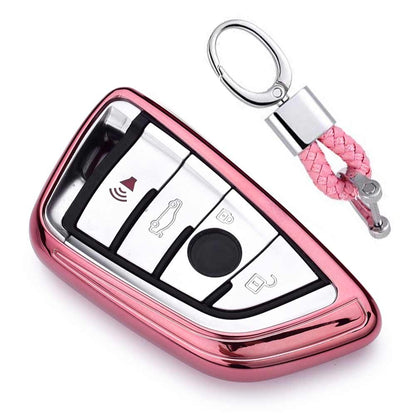 Electroplating TPU Single-shell Car Key Case with Key Ring for BMW X5 / X6 (Pink)