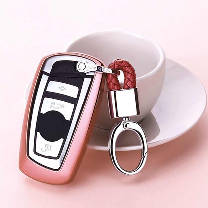 Electroplating TPU Single-shell Car Key Case with Key Ring for BMW 3 Series / 5 Series (Pink)
