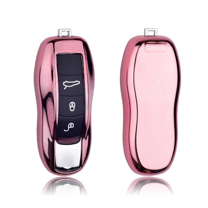 Electroplating TPU Single-shell Car Key Case with Key Ring for Porsche Cayenne / Cayman / Panamera (Pink)