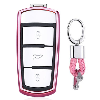 Electroplating TPU Single-shell Car Key Case with Key Ring for Volkswagen Magotan CC (Pink)