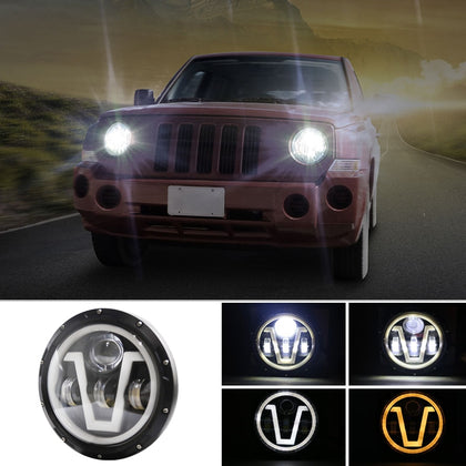 7 inch H4 DC 9V-30V 6000LM 6000K/3000K 55W IP67 3LED Lamp Beads Car Round Shape LED Headlight Lamps for Jeep Wrangler, with Angel
