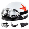 Soman Electromobile Motorcycle Half Face Helmet Retro Harley Helmet with Goggles(Bright White Red Star)