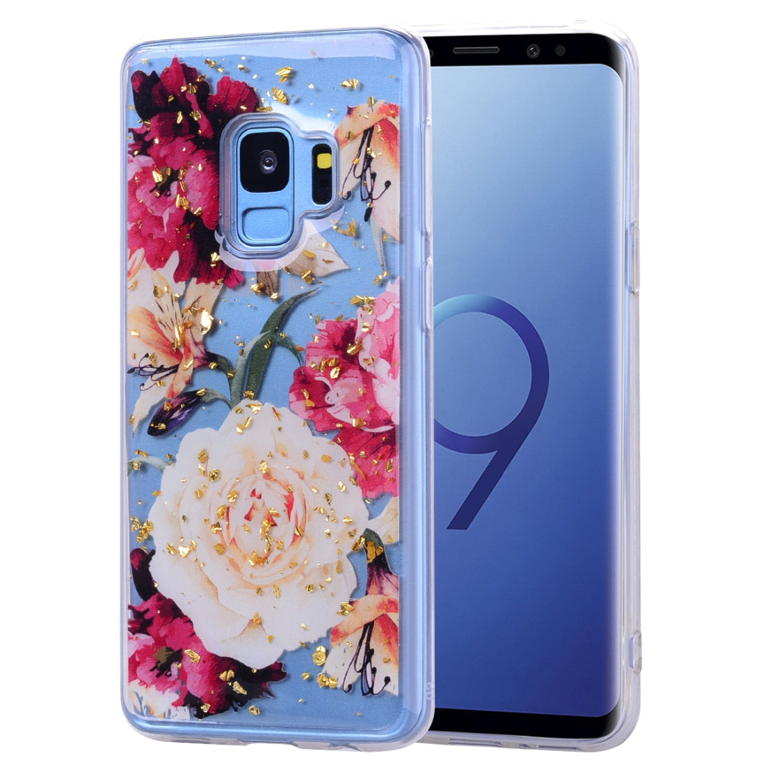 Cartoon Pattern Gold Foil Style Dropping Glue TPU Soft Protective Case for Galaxy S9+(Flower)