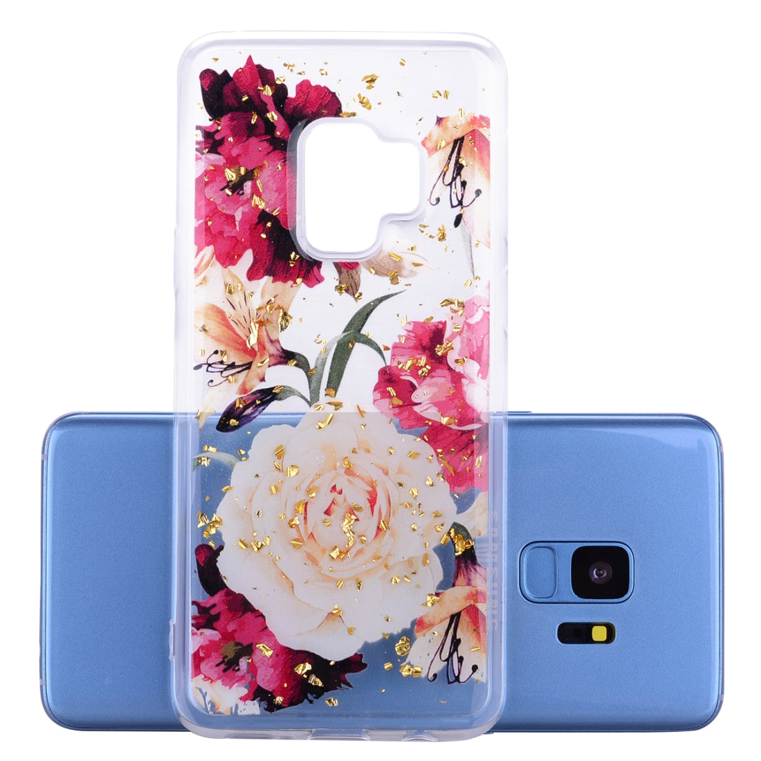 Cartoon Pattern Gold Foil Style Dropping Glue TPU Soft Protective Case for Galaxy S9+(Flower)