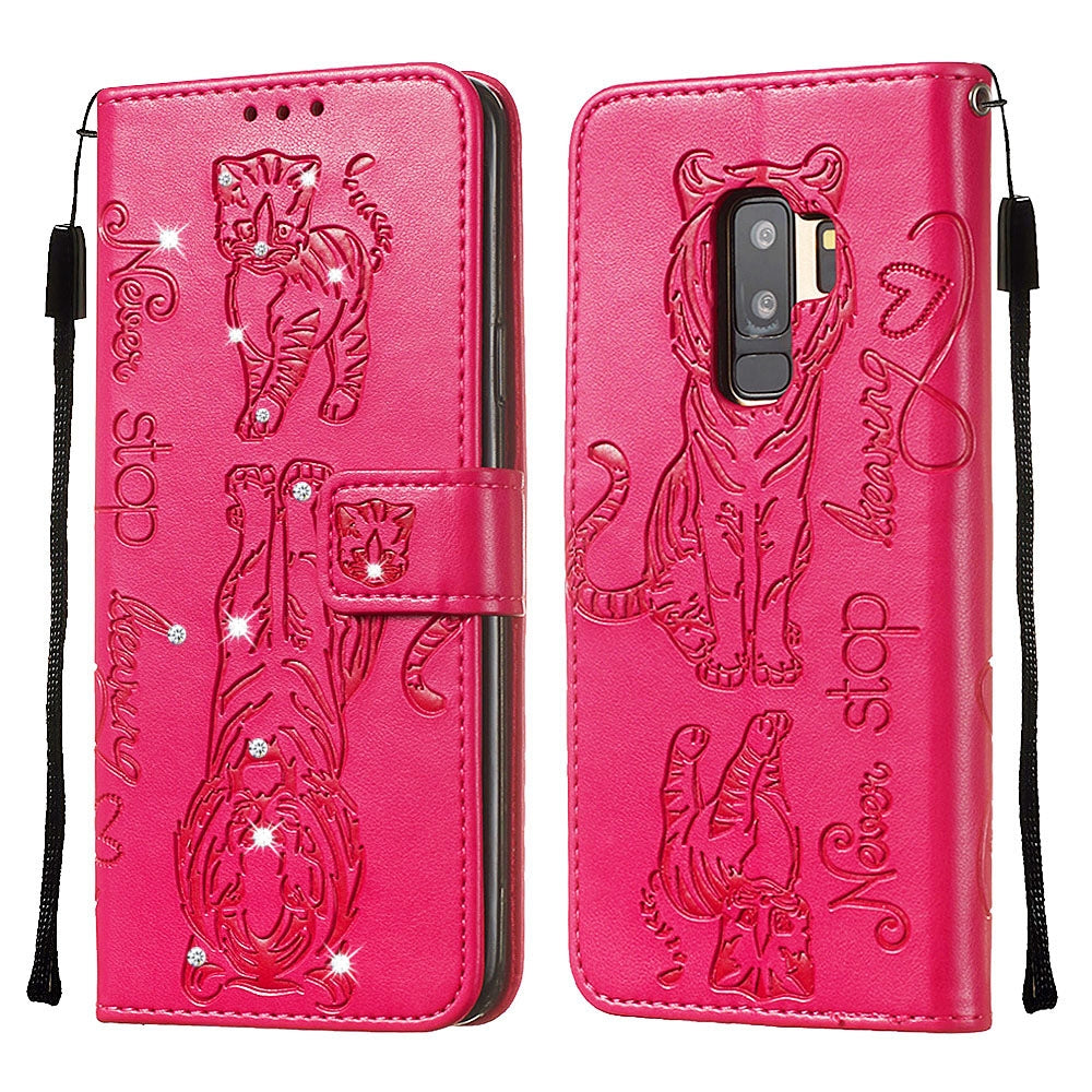 For Galaxy S9+ Diamond Encrusted Pressed Printing Cat and Tiger Pattern Horizontal Flip PU Leather Case with Holder & Card Slots & Wallet(Rose Red)