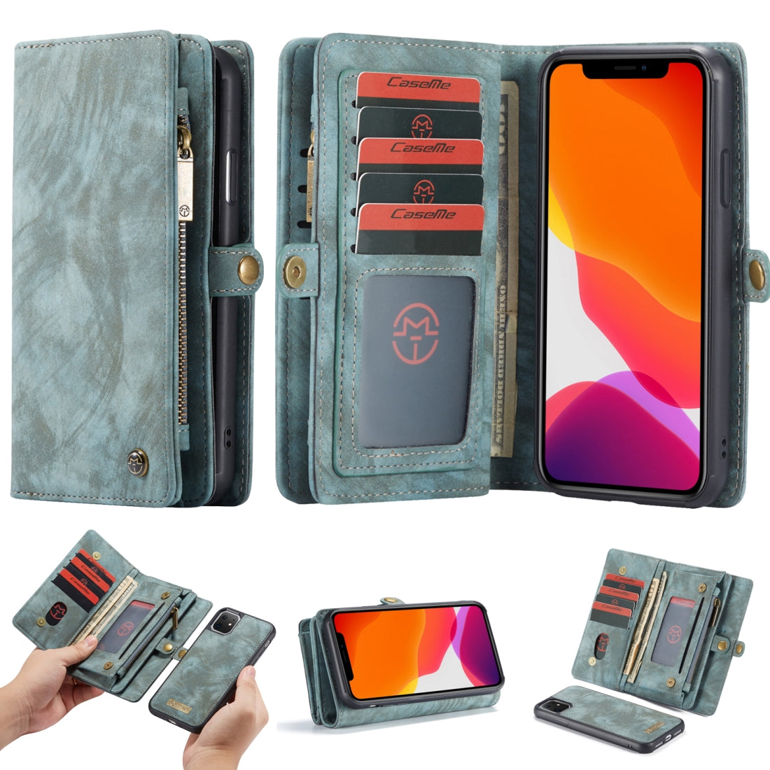 CaseMe-008 Detachable Multifunctional Horizontal Flip Leather Case with Card Slot & Holder & Zipper Wallet & Photo Frame For iPhone 11(Blue)