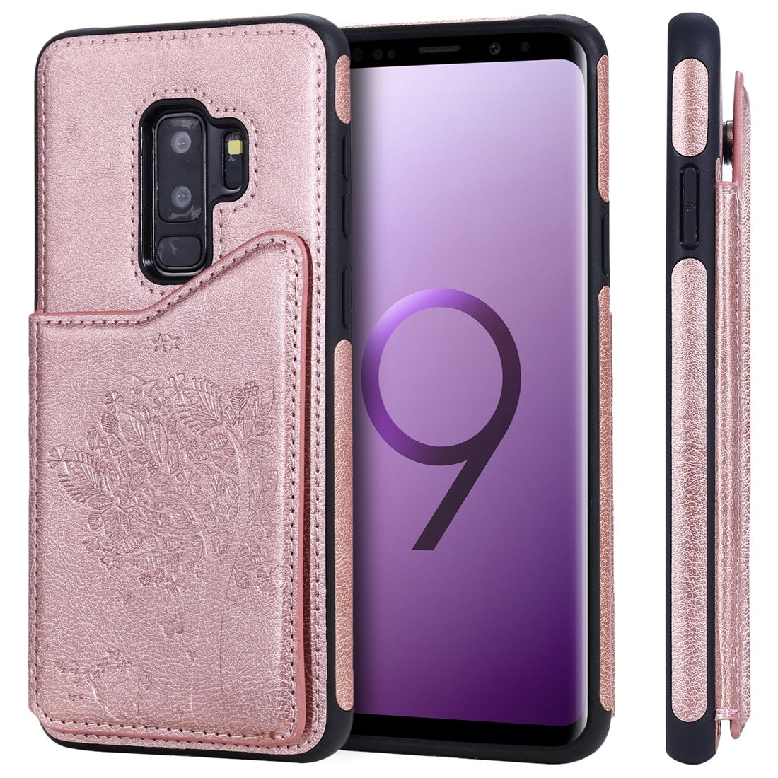 For Galaxy S9+ Cat Tree Embossing Pattern Shockproof Protective Case with Card Slots & Photo Frame(Rose Gold)