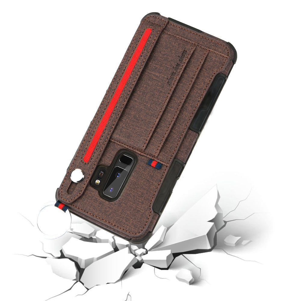 For Galaxy S9+ Cloth Texture + TPU Shockproof Protective Case with Metal Ring & Holder & Card Slots & Hanging Strap(Coffee)