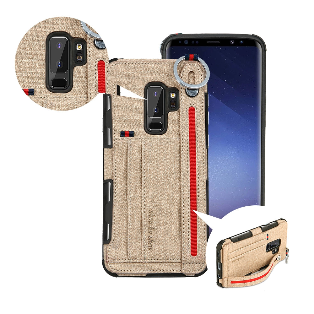 For Galaxy S9+ Cloth Texture + TPU Shockproof Protective Case with Metal Ring & Holder & Card Slots & Hanging Strap(Coffee)
