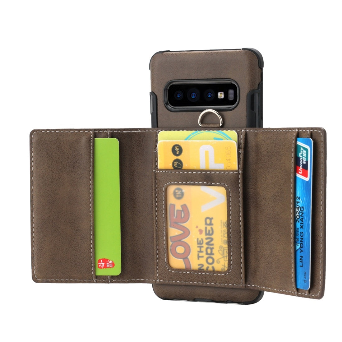 For Galaxy S10 Plus Shockproof PC + TPU Protective Case, with Card Slots & Wallet & Photo Frame & Lanyard(Dark Brown)