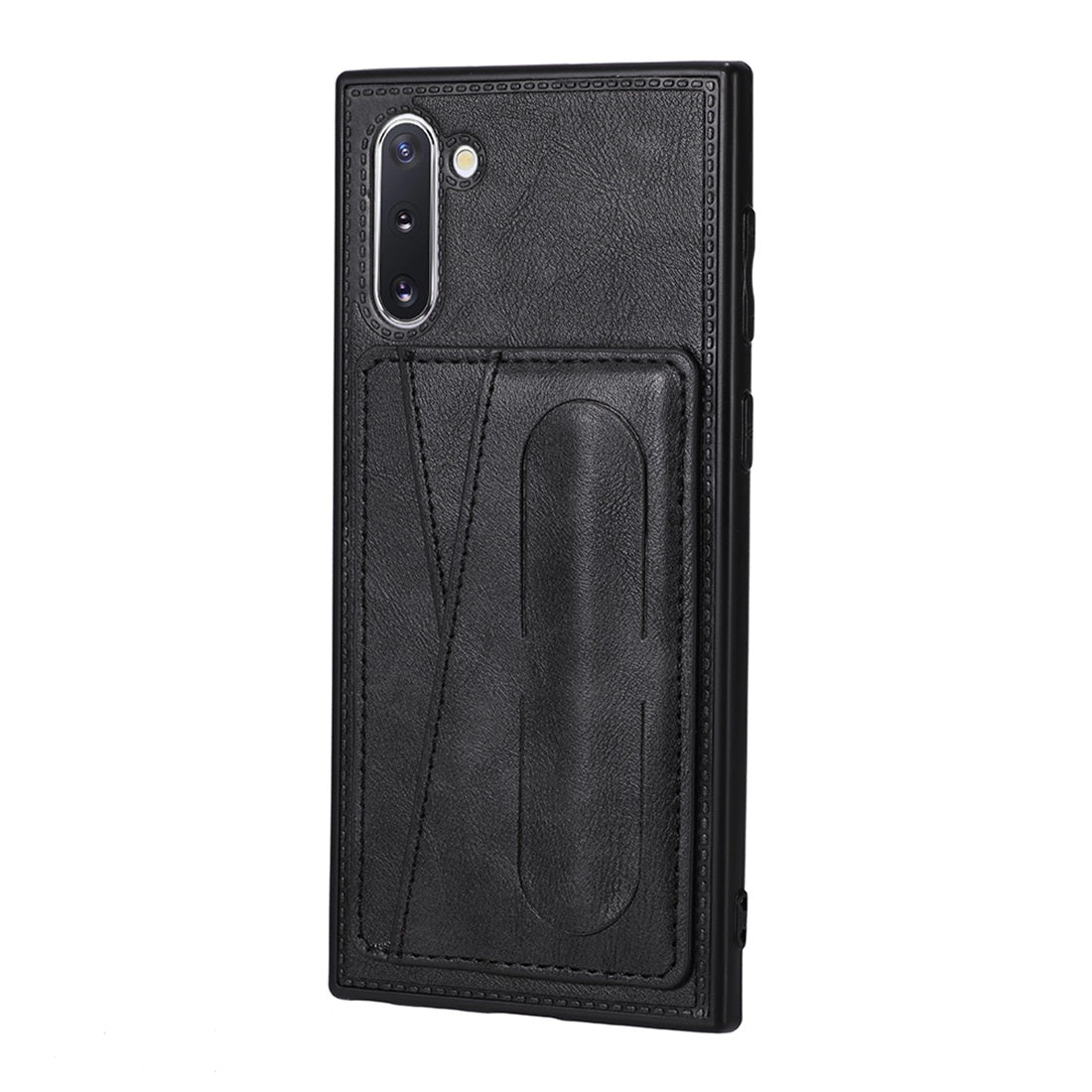 For Galaxy Note 10 Shockproof PC + PU Protective Case with Spring Holder & Card Slot(Black)