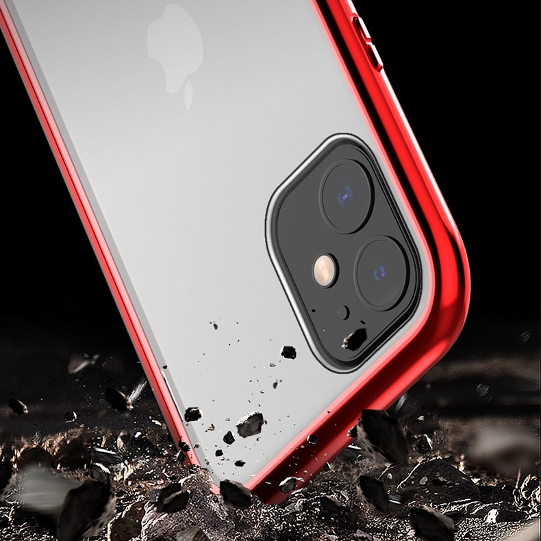 For iPhone 11 Ultra Slim Double Sides Magnetic Adsorption Angular Frame Tempered Glass Magnet Flip Case(Black)