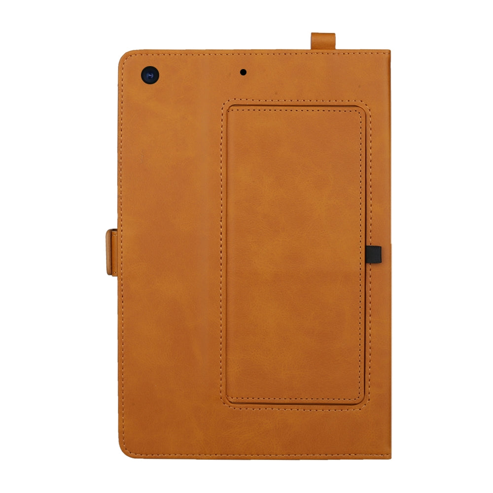 For iPad 10.2 inch (2019) Horizontal Flip Double Brackets PU Leather Case with Card Slots & Photo Frame & Pen Slot(Light Brown)