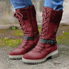 Women Buckle Boots,Lace Knitted Mid-Calf Wool Stitching Leather Winter Shoes,Low Heel Round Toe Boots