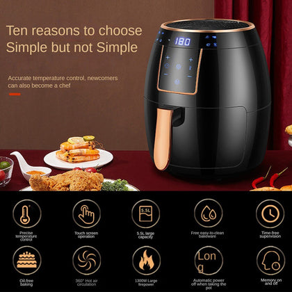 Air Fryer 5.5L Household Large Capacity 1300W Big Firepower Timing Touch Screen LCD Electric Air Fryer with Bakeware