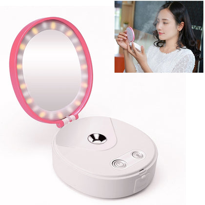 4 in 1 Portable Nano Mist Beauty Facial Cool Sprayer Face Steaming Device with Makeup Mirror & LED Beauty Light & Mobile Charger F