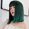 Air Bangs Short Straight Hair Wig Cosplay Headgear for Women (Black Brown Gradient Peacock Green)