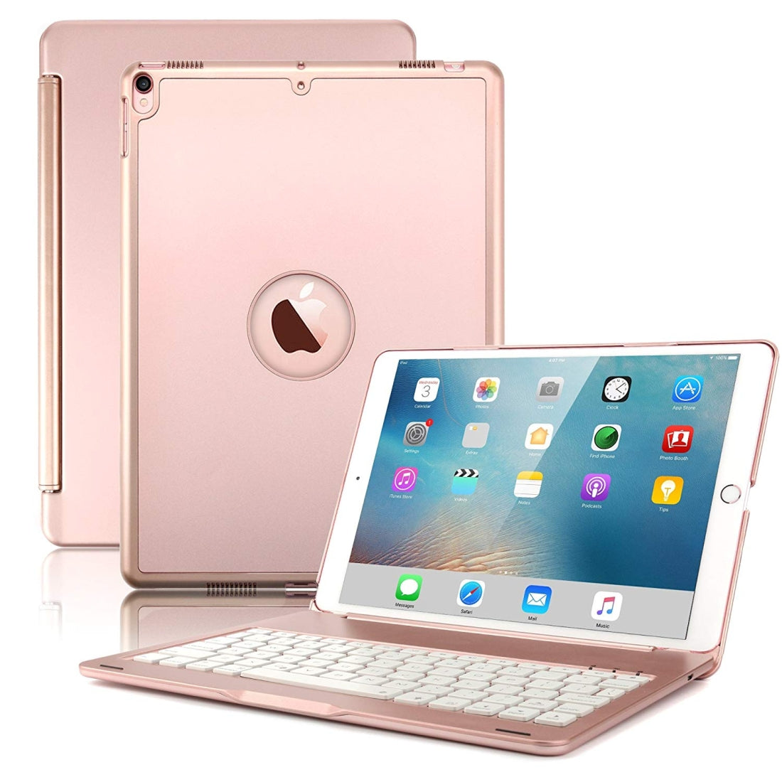 F105 Aluminum Alloy 7 Backlight iPad Case Hard Shell for iPad Pro 10.5 inch A1701 (2017) / A1709 (2017), with keyboard & bracket(Rose Gold)