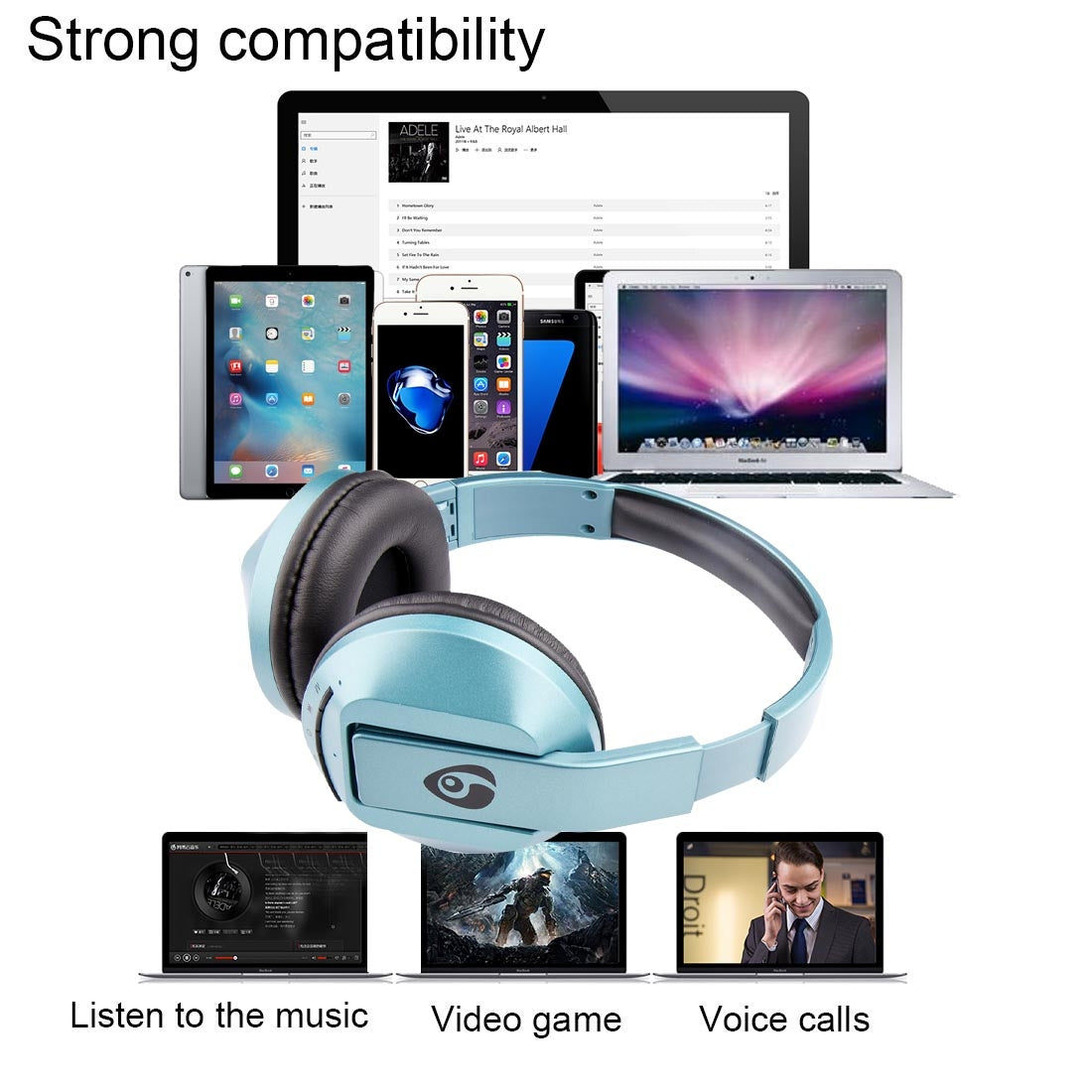 OVLENG S77 Headband Universal Folding Bluetooth Headset with Handsfree Call Function, for iPhone / Samsung / LG / HTC / Nokia / Blackberry Mobile Phone(Blue)