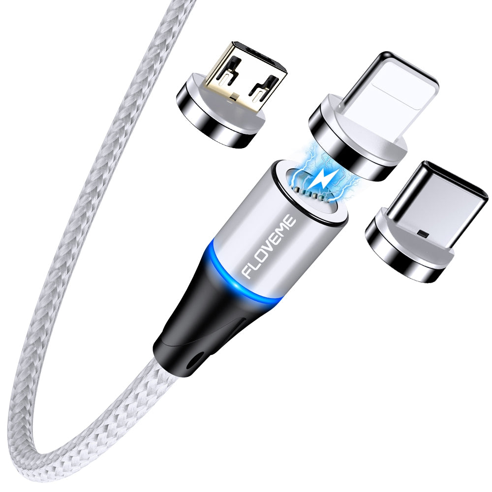 FLOVEME 1m USB-C / Type-C + Micro USB + 8 Pin to USB Round Head Magnetic 3A Fast Charging & Data Cable(Silver)