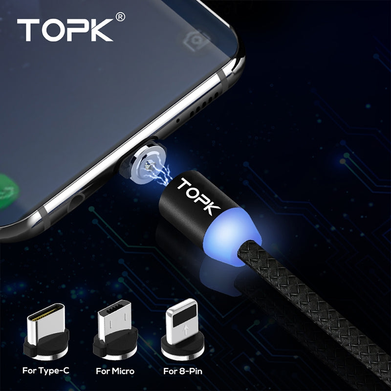 TOPK 2m 2.1A Output USB to 8 Pin + USB-C / Type-C + Micro USB Mesh Braided Magnetic Charging Cable with LED Indicator(Black)