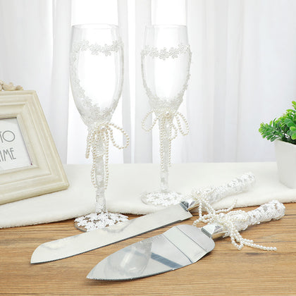 Wedding Wine Glass Set with Cake Knife Fork