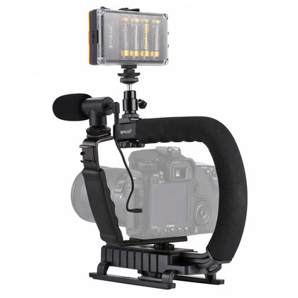 U/C Shape Portable Handheld DV Bracket Stabilizer + LED Studio Light + Video Shotgun Microphone Kit with Cold Shoe Tripod Head  f