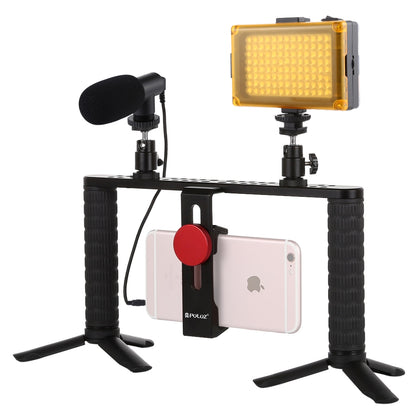 4 in 1 Vlogging Live Broadcast LED Selfie Light Smartphone Video Rig Handle Stabilizer Aluminum Bracket Kits with Microphone + Tr
