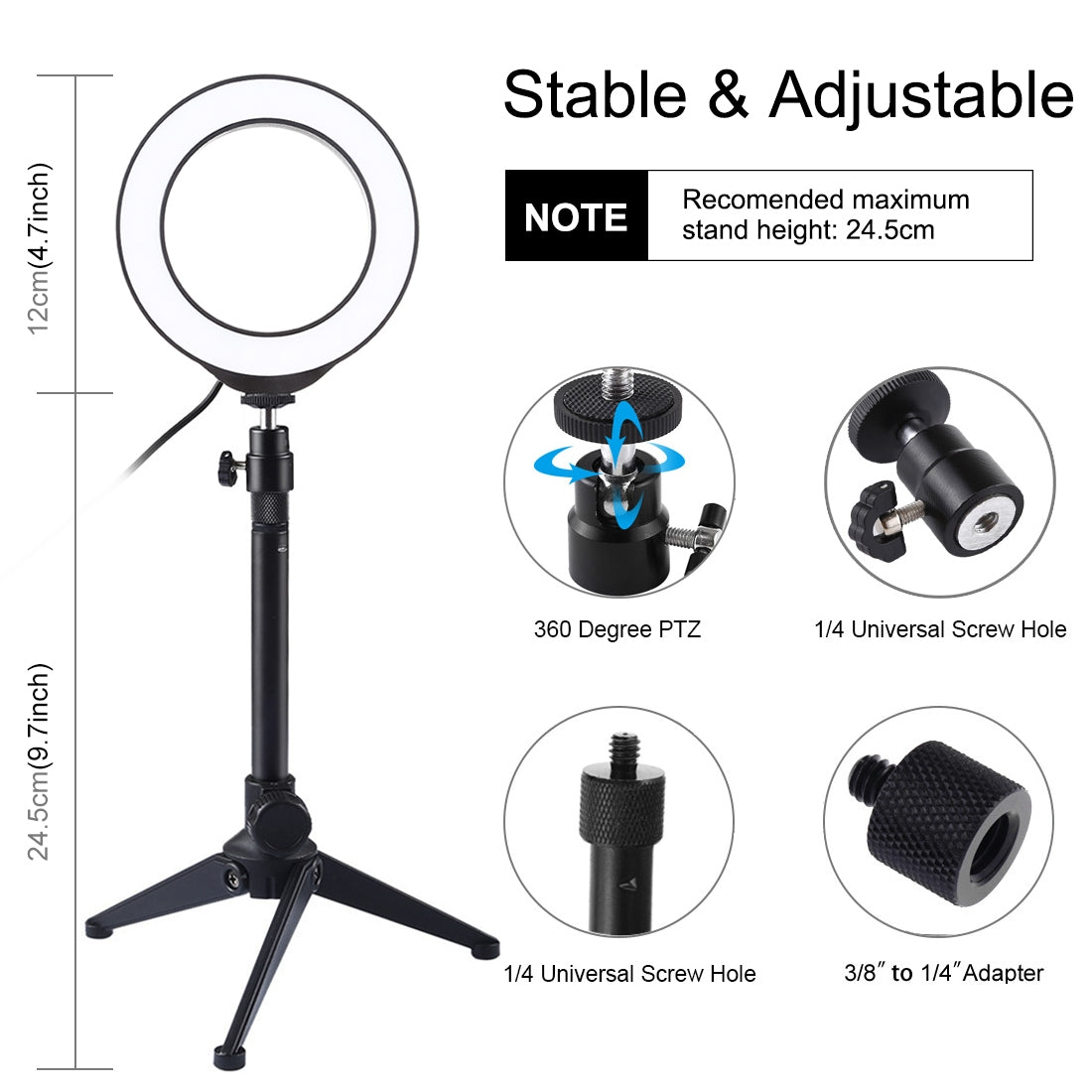 4.7 inch 12cm USB 3 Modes Dimmable LED Ring Vlogging Photography Video Lights + Desktop Tripod Holder with Cold Shoe Tripod Ball