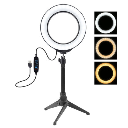 6.2 inch 16cm USB 3 Modes Dimmable LED Ring Vlogging Photography Video Lights + Desktop Tripod Holder with Cold Shoe Tripod Ball