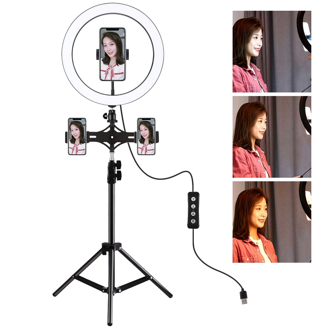 1.1m Tripod Mount + Dual Phone Bracket + 11.8 inch 30cm LED Ring Vlogging Video Light Live Broadcast Kits with Cold Shoe Tripod B