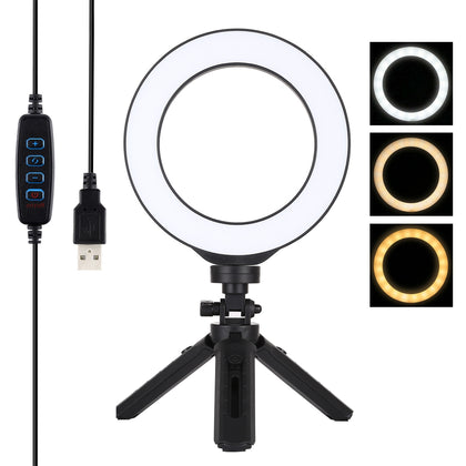 6.2 inch 16cm USB 3 Modes Dimmable LED Ring Vlogging Photography Video Lights + Pocket Tripod Mount Kit with Cold Shoe Tripod Bal